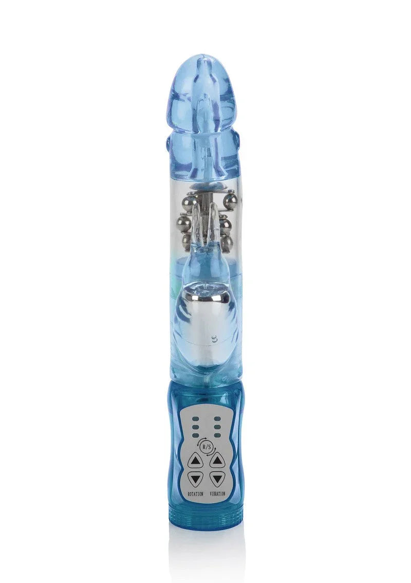 Blue waterproof rabbit vibrator with rotating beads and control panel on white background