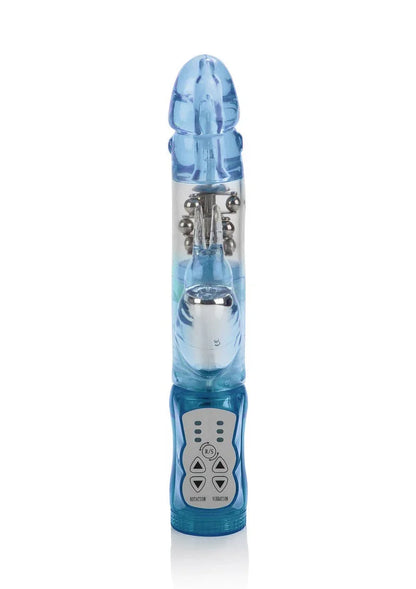 Blue waterproof rabbit vibrator with rotating beads and control panel on white background