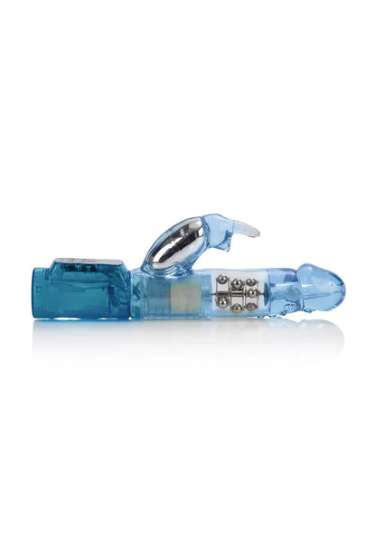 Blue waterproof rabbit vibrator with rotating beads on white background