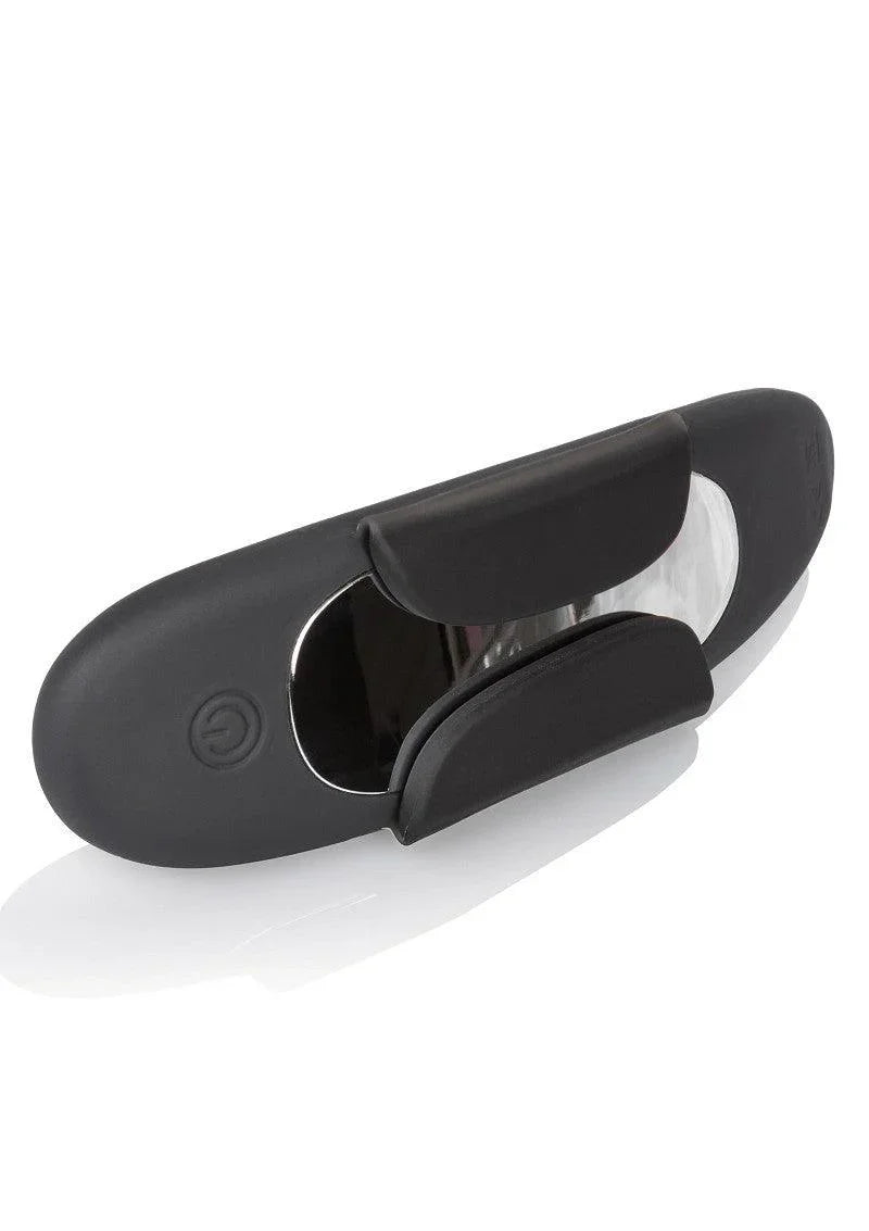 Black and metallic remote-controlled panty teaser vibrator with power button on white background