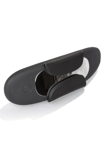 Black and metallic remote-controlled panty teaser vibrator with power button on white background