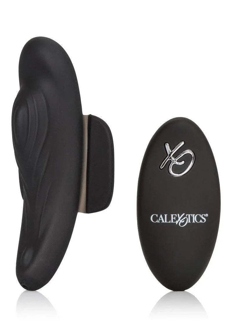 Black CalExotics remote panty teaser vibrator and matching wireless remote controller with logo