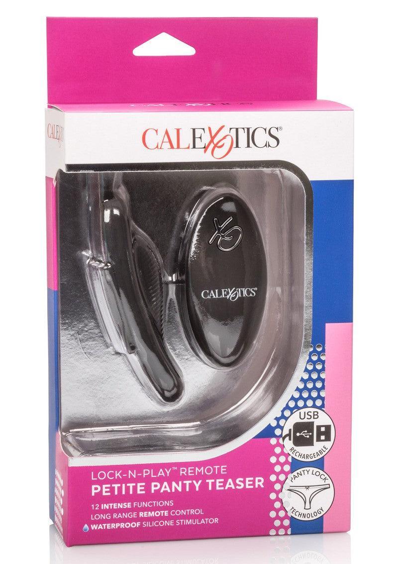 CalExotics Lock-N-Play remote Petite Panty Teaser in pink, blue packaging with USB rechargeable and waterproof silicone features