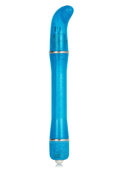 Blue glitter mini G-spot vibrator with curved tip and silver bands on white background