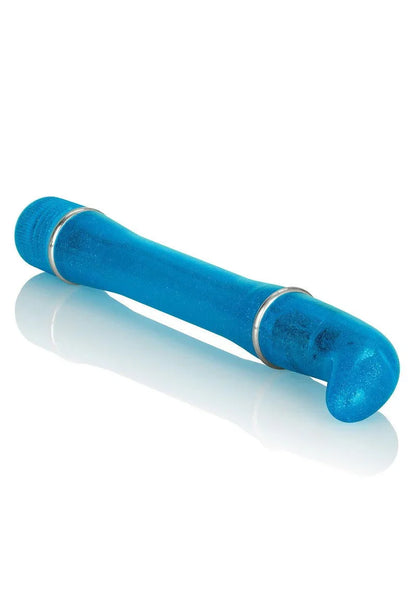 Blue glitter mini G-spot vibrator with curved tip and silver accent rings on white background