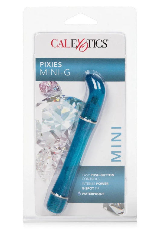 CalExotics Pixies Mini-G blue mini vibrator with G-spot tip in clear packaging featuring push-button controls and waterproof label