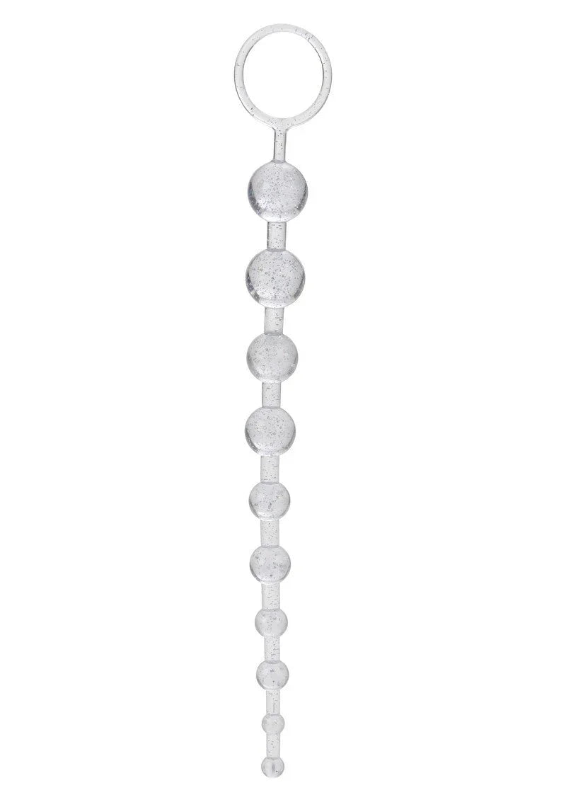 Clear silicone anal beads with graduated sizes and pull ring, adult toy on white background