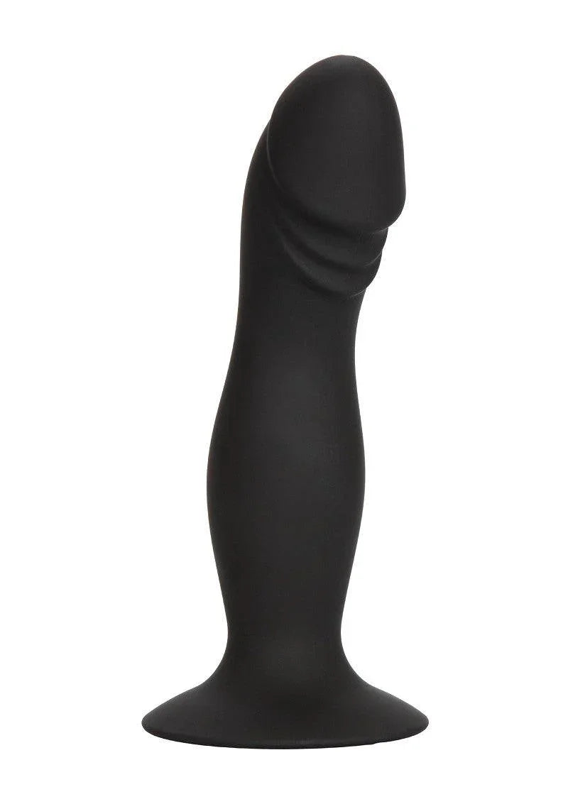 Black silicone anal plug with rounded tip and flared base on white background