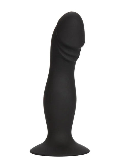 Black silicone anal plug with rounded tip and flared base on white background