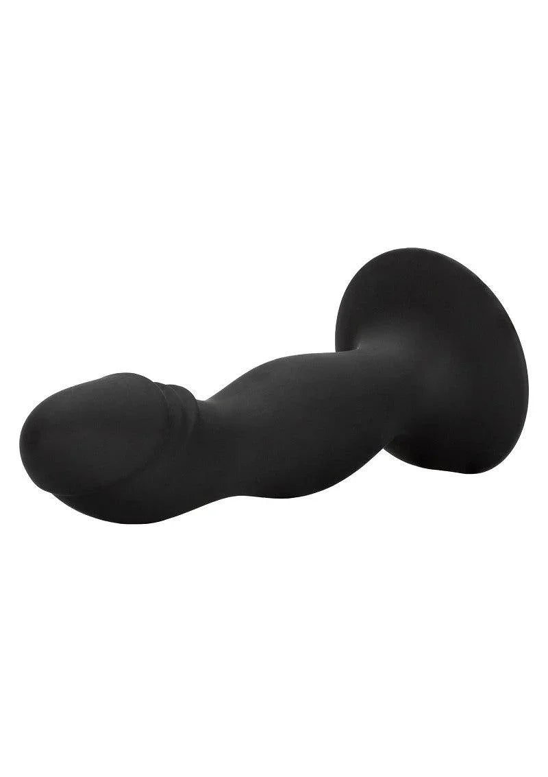 Black silicone anal dildo with curved design and suction base on white background