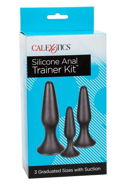 CalExotics Silicone Anal Trainer Kit packaging showing three black silicone anal plugs in graduated sizes with suction base
