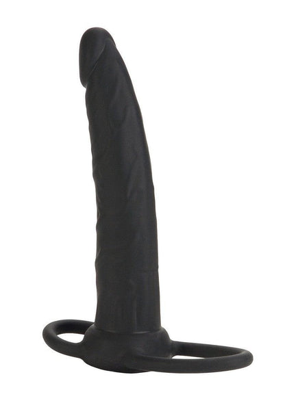 Black silicone double rider dildo with textured shaft and dual rings on white background