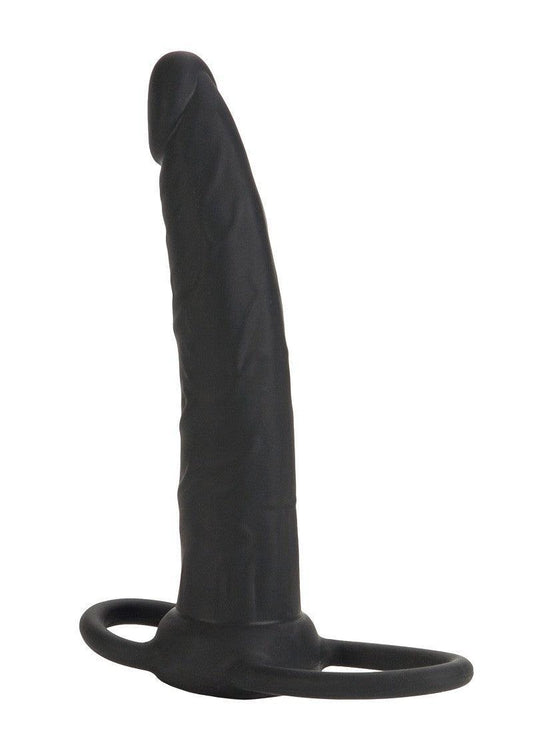Black silicone double rider dildo with textured shaft and dual rings on white background