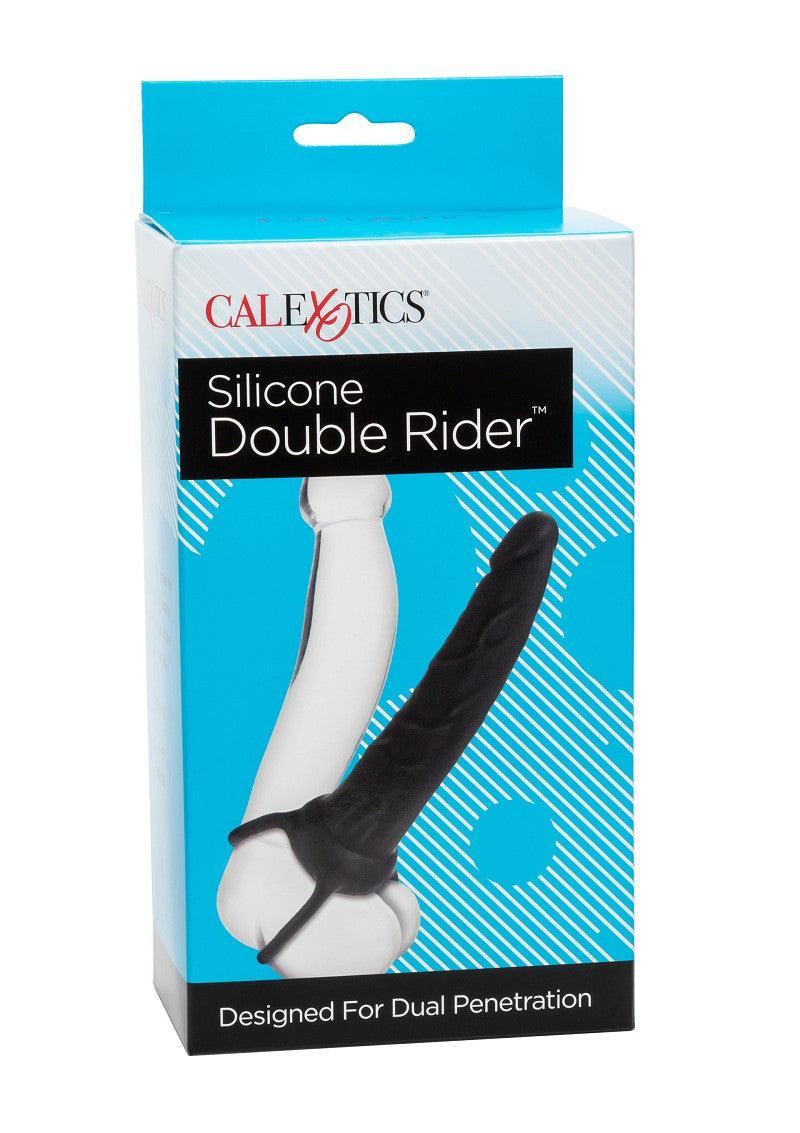 CalExotics Silicone Double Rider strap-on sex toy packaging, designed for dual penetration