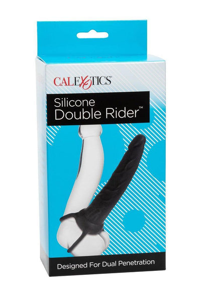 CalExotics Silicone Double Rider strap-on sex toy packaging, designed for dual penetration