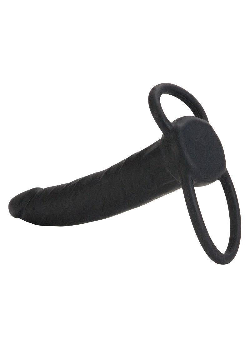 Black silicone double rider strap-on with two rings and realistic phallic shape