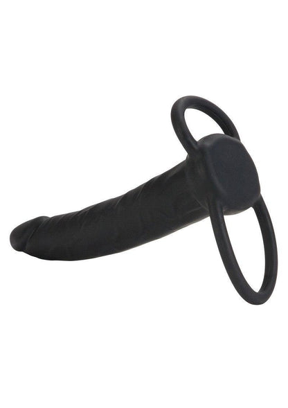 Black silicone double rider strap-on with two rings and realistic phallic shape