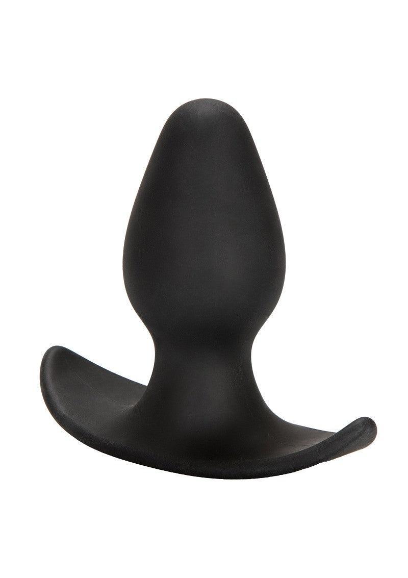 Black silicone anal plug with a wide curved base on white background