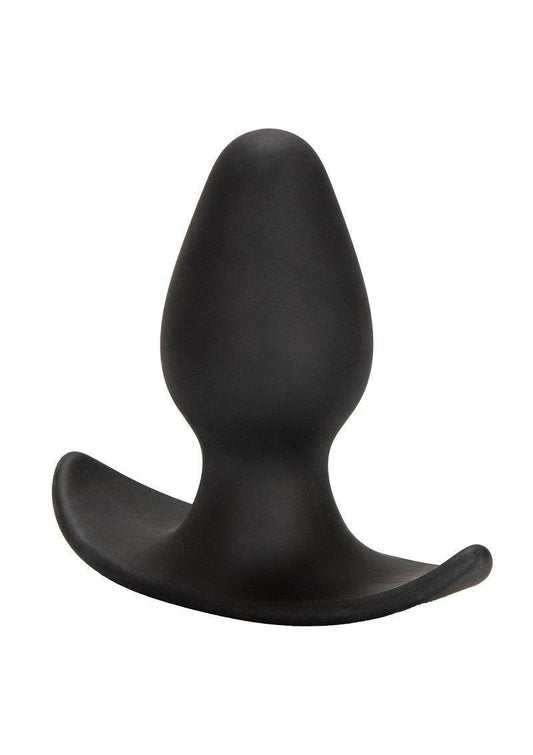 Black silicone anal plug with a wide curved base on white background