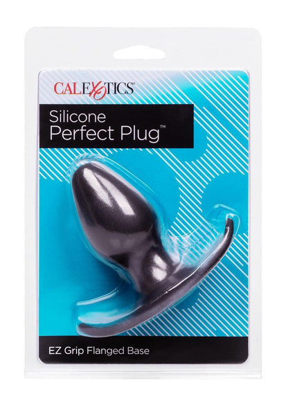 CalExotics Silicone Perfect Plug black silicone butt plug with EZ grip flanged base in retail packaging