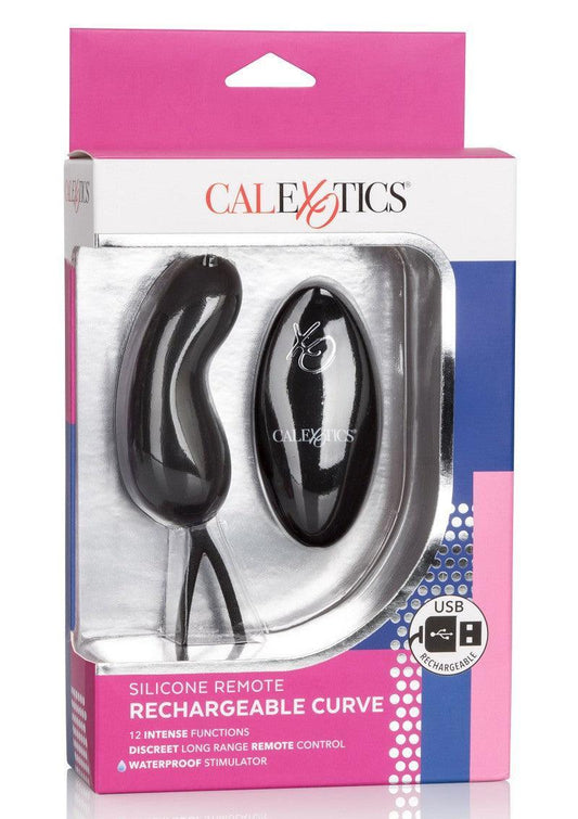 CalExotics rechargeable silicone remote curve vibrator with USB charging and waterproof design in retail packaging