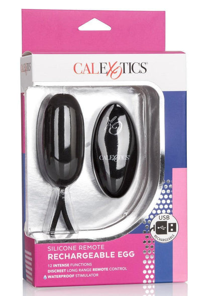 CalExotics silicone remote rechargeable egg vibrator with USB charging in pink and blue retail packaging