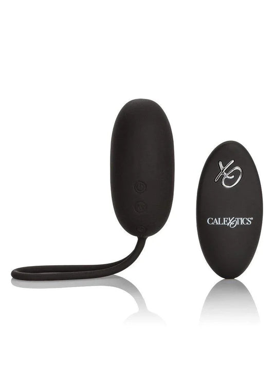 Black silicone remote-controlled rechargeable egg vibrator and oval remote by CalExotics on white background