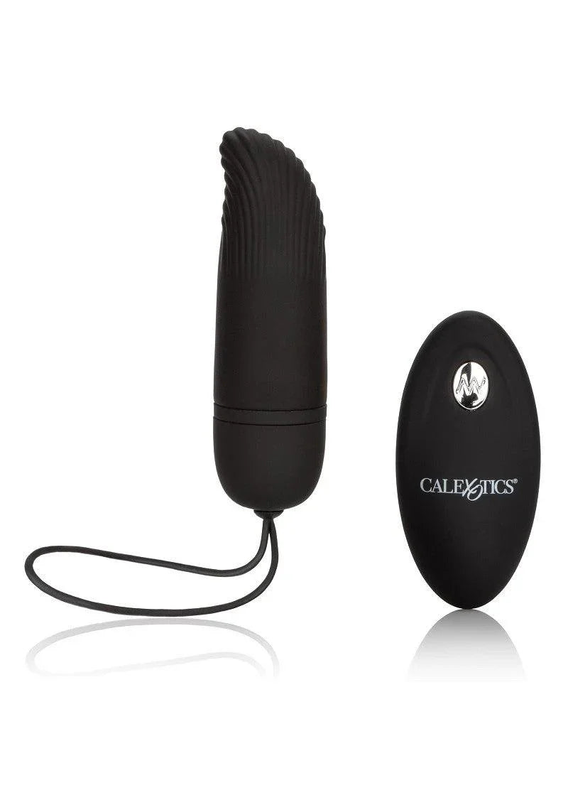 Black silicone remote controlled ridged G-spot vibrator with CalExotics branded oval remote