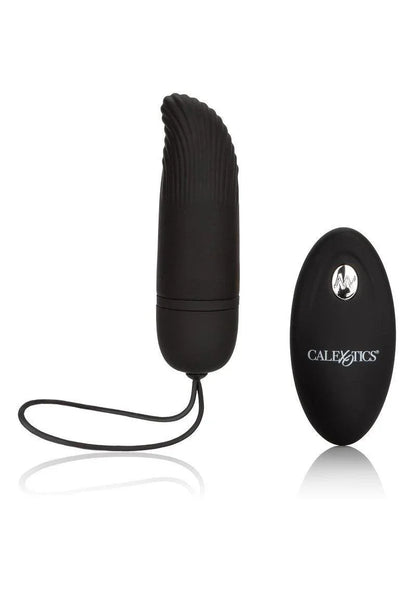Black silicone remote controlled ridged G-spot vibrator with CalExotics branded oval remote