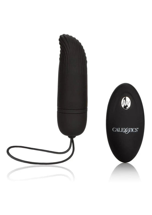 Black silicone remote controlled ridged G-spot vibrator with CalExotics branded oval remote