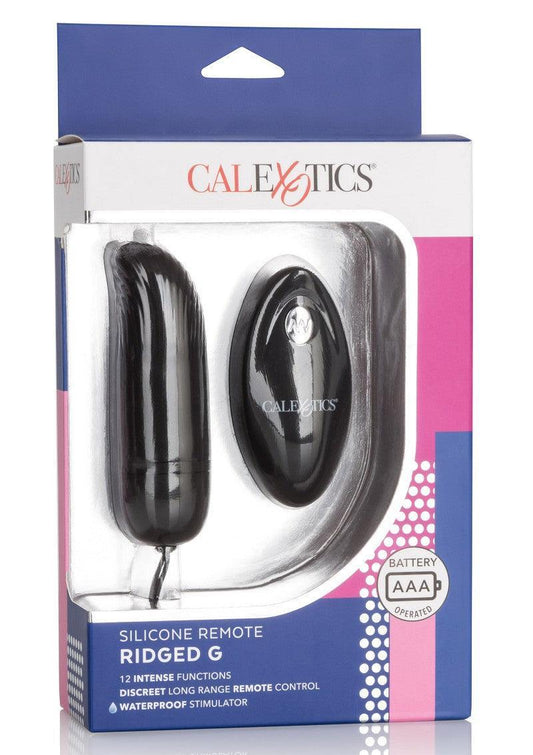 CalExotics silicone remote-controlled Ridged G vibrator in black with 12 functions in retail packaging