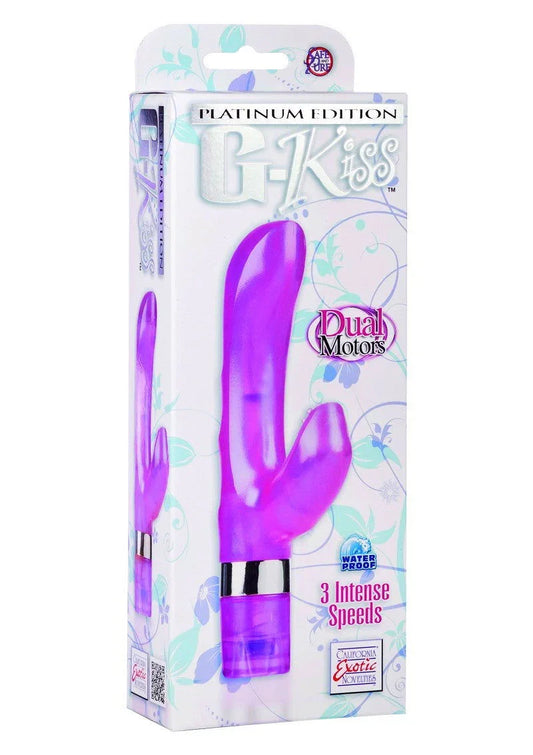 Purple G-Kiss G-spot vibrator in retail packaging, dual motors, 3 speeds, waterproof.