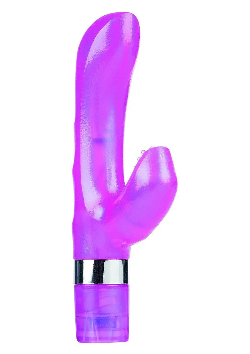 Pink silicone G-spot vibrator with rabbit design, silver base, on white background