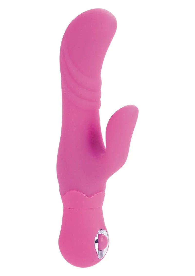 Pink silicone G-spot vibrator with dual stimulation design on white background
