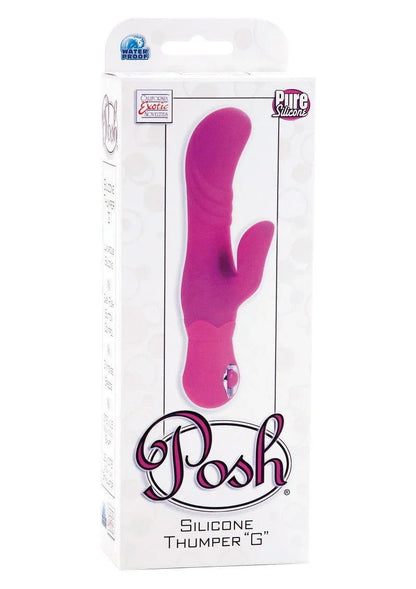 Posh Silicone Thumper G-Spot vibrator in pink, displayed in branded retail packaging.
