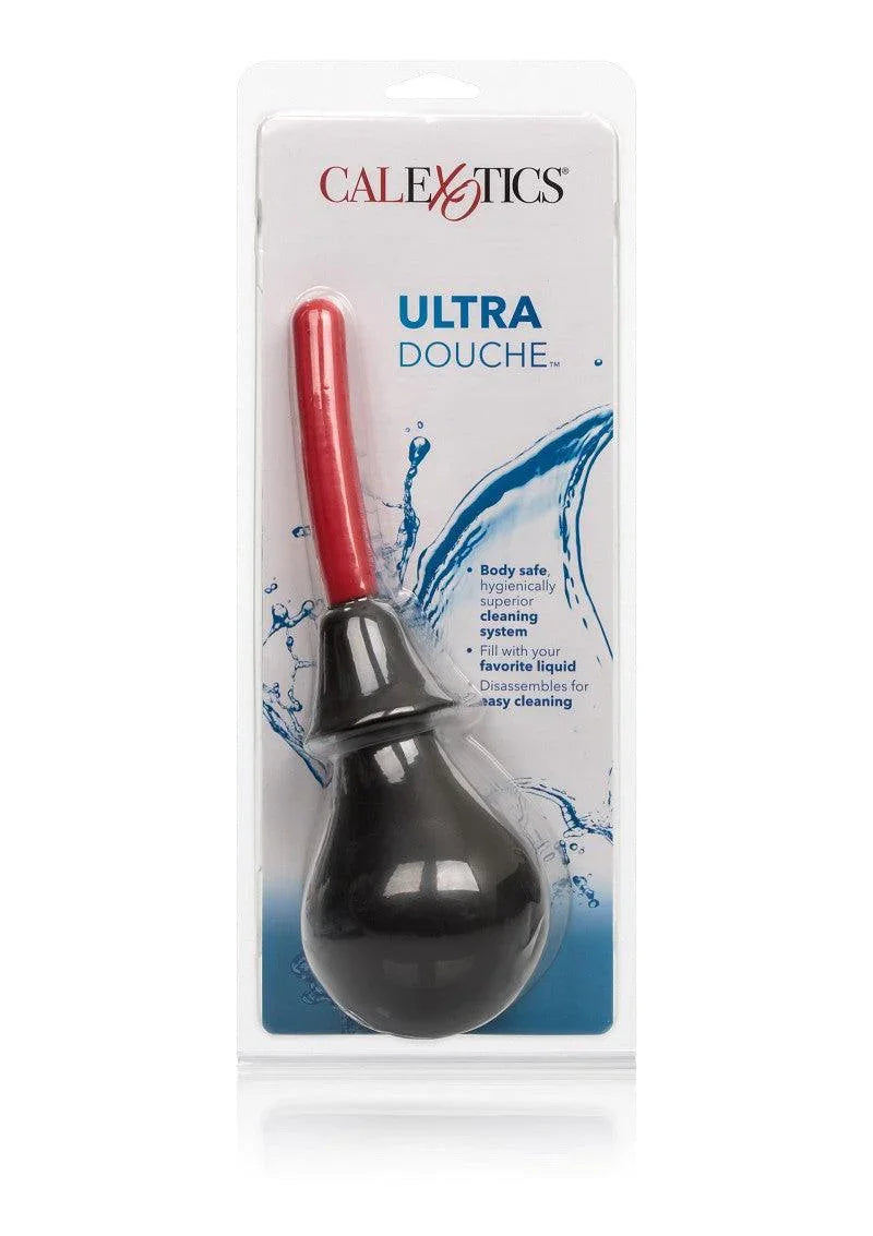 CalExotics Ultra Douche anal cleaning system with red nozzle and black bulb in retail packaging