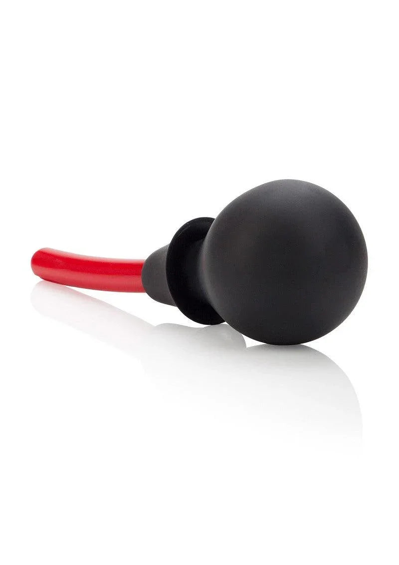Black anal douche with a large bulb and flexible red tube on white background