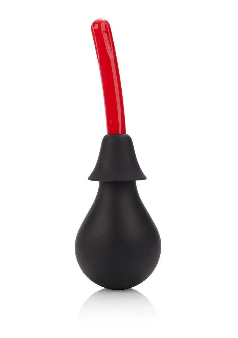 Black silicone anal douche with a red curved nozzle for personal hygiene