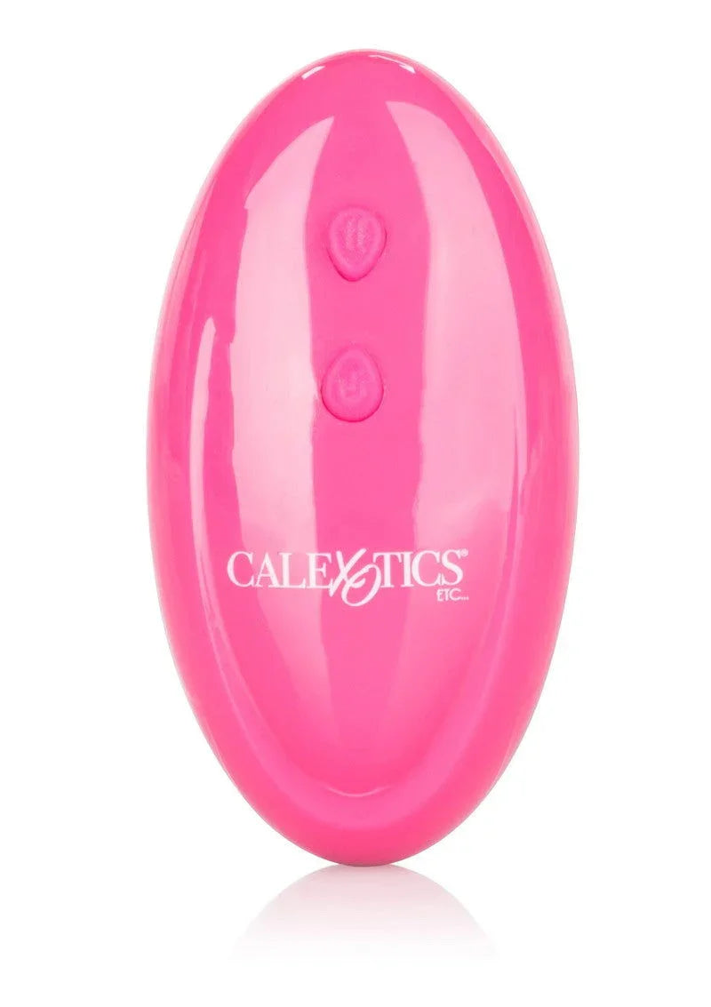 Pink oval-shaped CalExotics remote control with two buttons on white background