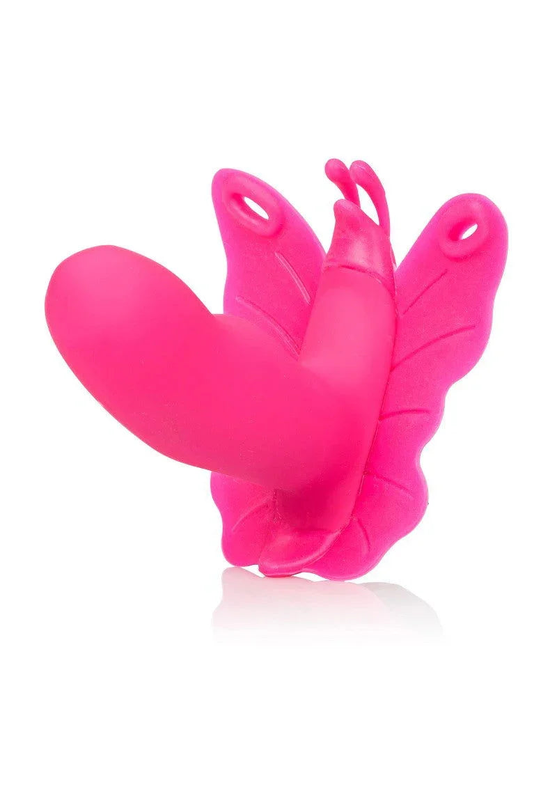 Bright pink silicone butterfly-shaped adult sex toy with a phallic design