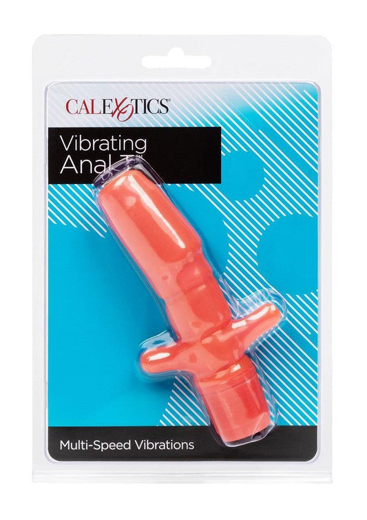 CalExotics Vibrating Anal Probe in coral color with multi-speed vibrations in blue and white packaging