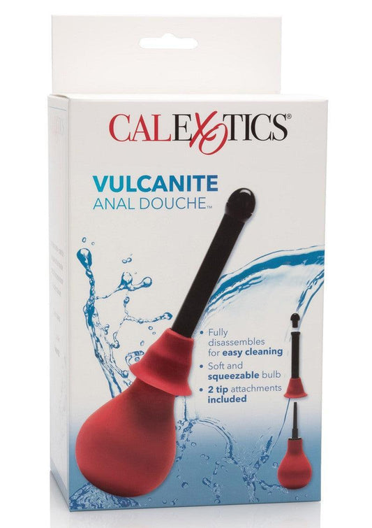 CalExotics Vulcanite Anal Douche with red squeezable bulb and black shaft, waterproof design