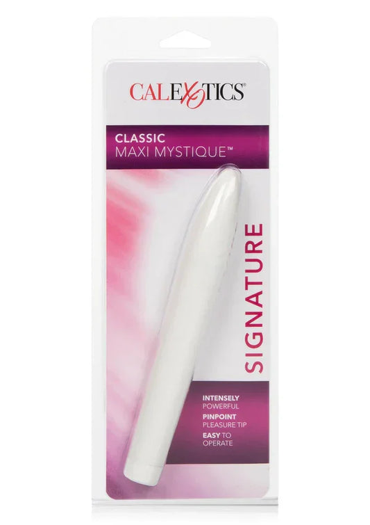 CalExotics Classic Maxi Mystique white vibrator in clear plastic retail packaging with pink and purple accents