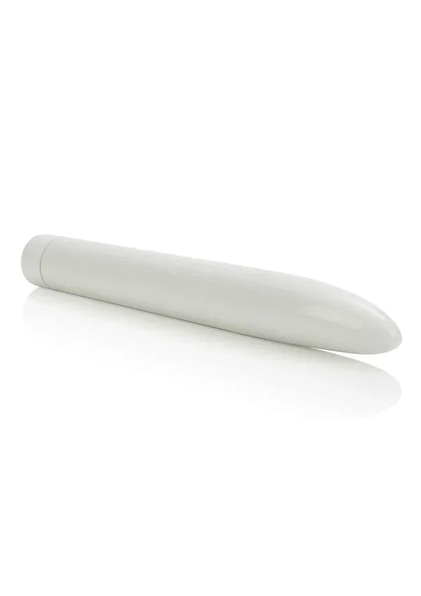 Slim white Classic Maxi Mystique vibrator with smooth rounded tip on white background