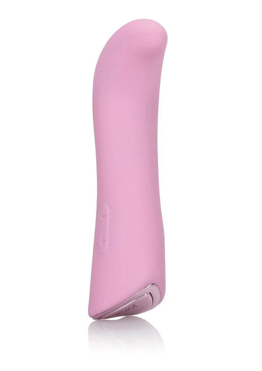 Pink silicone curved vibrator with plus and minus buttons on white background