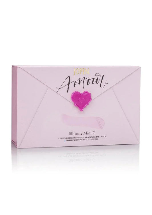 Jopen Amour Silicone Mini G packaging envelope with pink heart seal, waterproof USB rechargeable vibrator