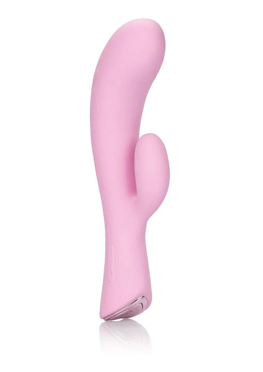 Pink silicone dual G-spot and clitoral vibrator with curved design on white background