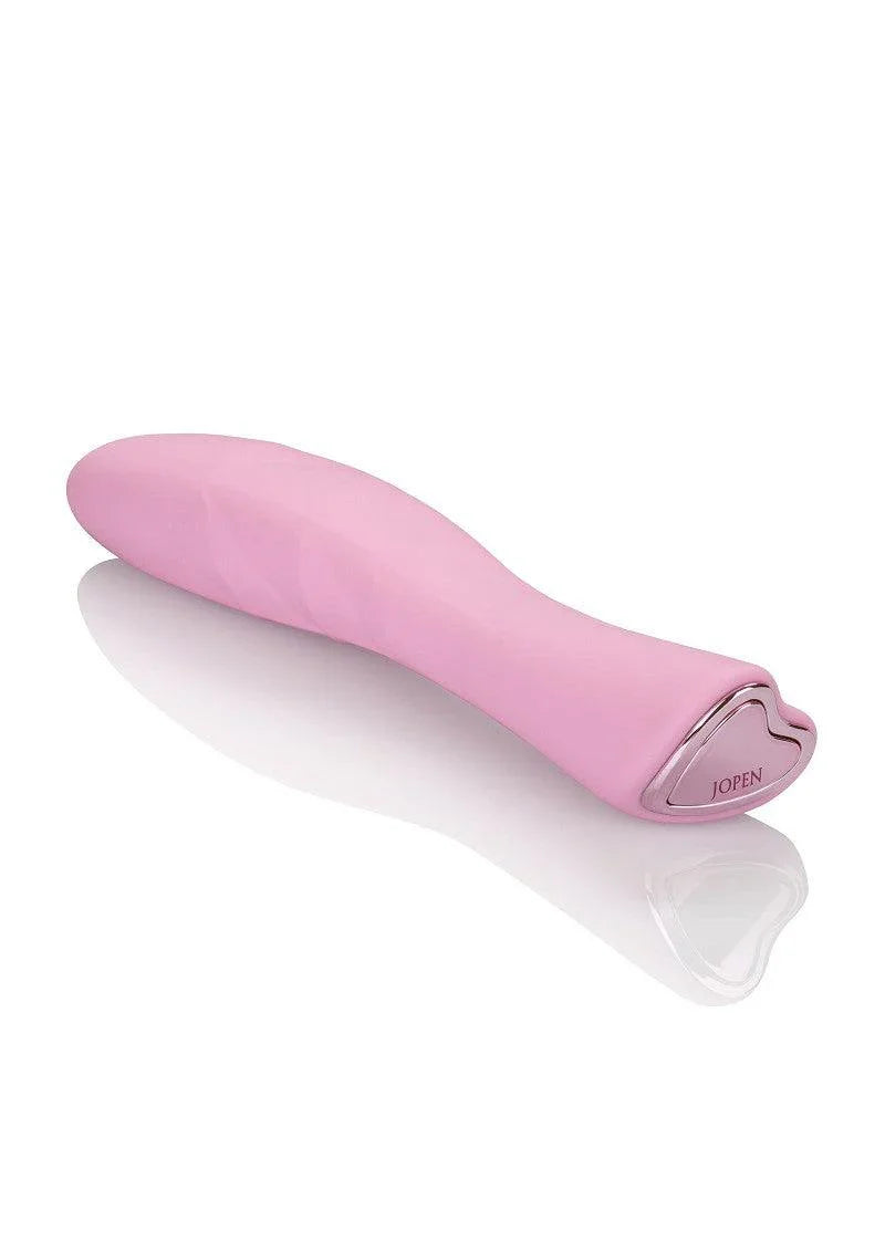 Pink silicone wand vibrator with smooth curved design and silver heart-shaped base engraved with Jopen