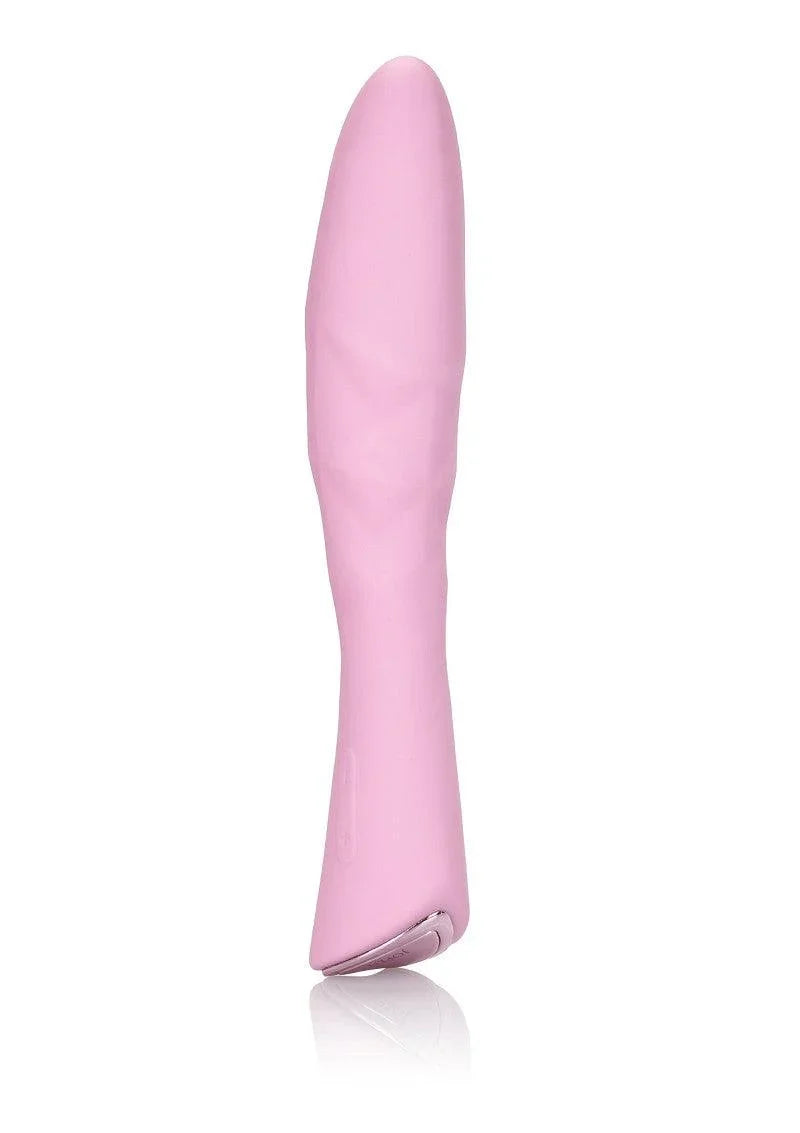 Pink silicone wand vibrator with a smooth, slightly curved shaft and silver base on white background