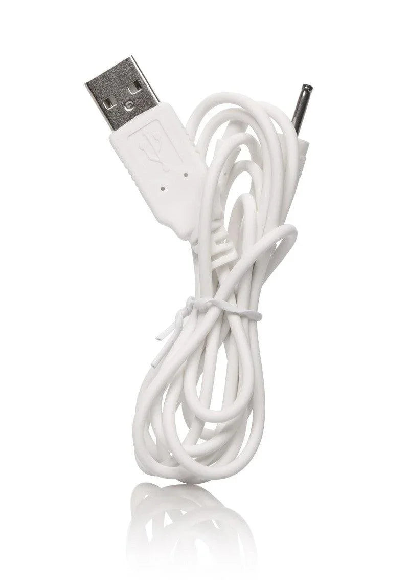 White USB to round pin cable charger with coiled cord on white background